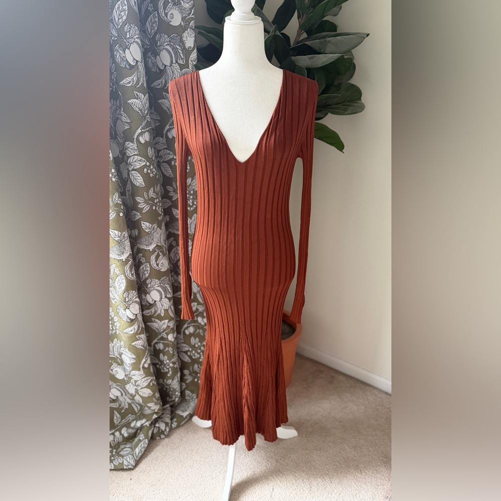 H&M Ribbed V-Neck Long Sleeve Midi Dress - Rust Orange